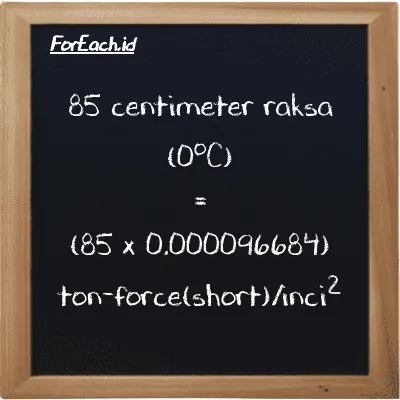 Cara konversi centimeter raksa (0<sup>o</sup>C) ke ton-force(short)/inci<sup>2</sup> (cmHg ke tf/in<sup>2</sup>): 85 centimeter raksa (0<sup>o</sup>C) (cmHg) setara dengan 85 dikalikan dengan 0.000096684 ton-force(short)/inci<sup>2</sup> (tf/in<sup>2</sup>)